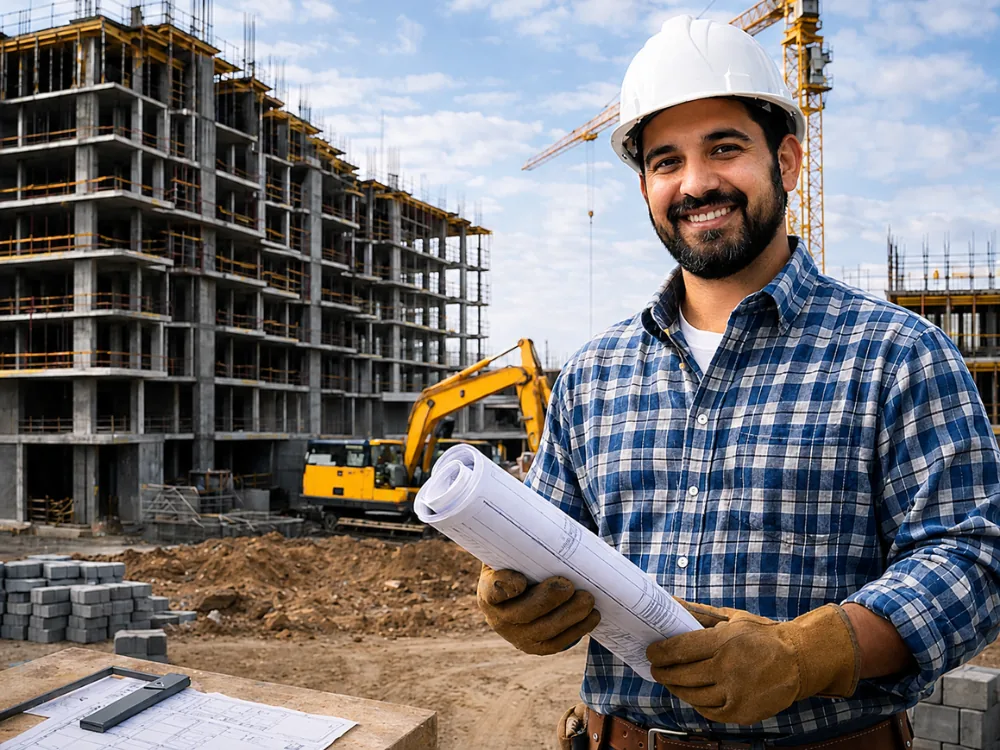 Profesional de la construcción con planos en obra